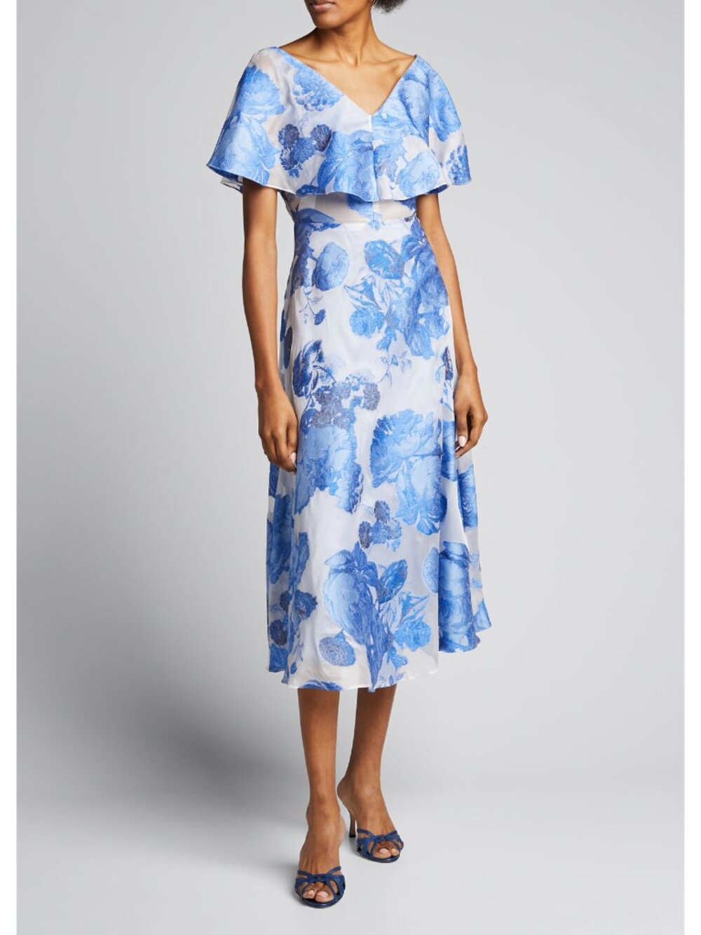 Lela Rose Blue and White Floral Midi Dress